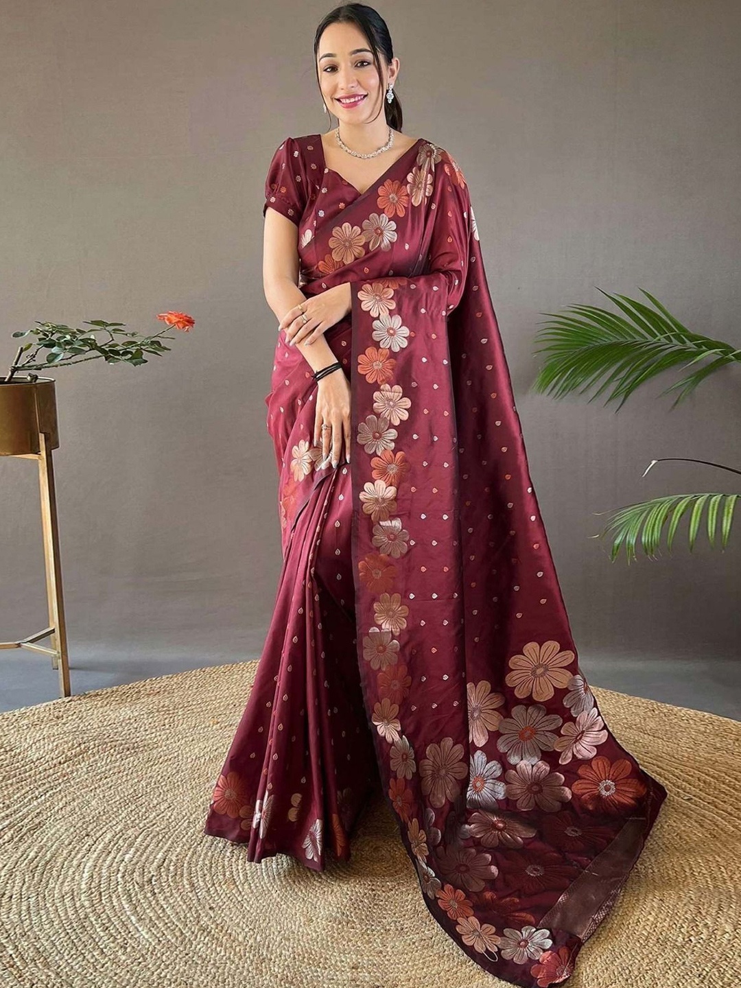 

Upalksh Woven Design Zari Pure Cotton Kanjeevaram Saree, Maroon