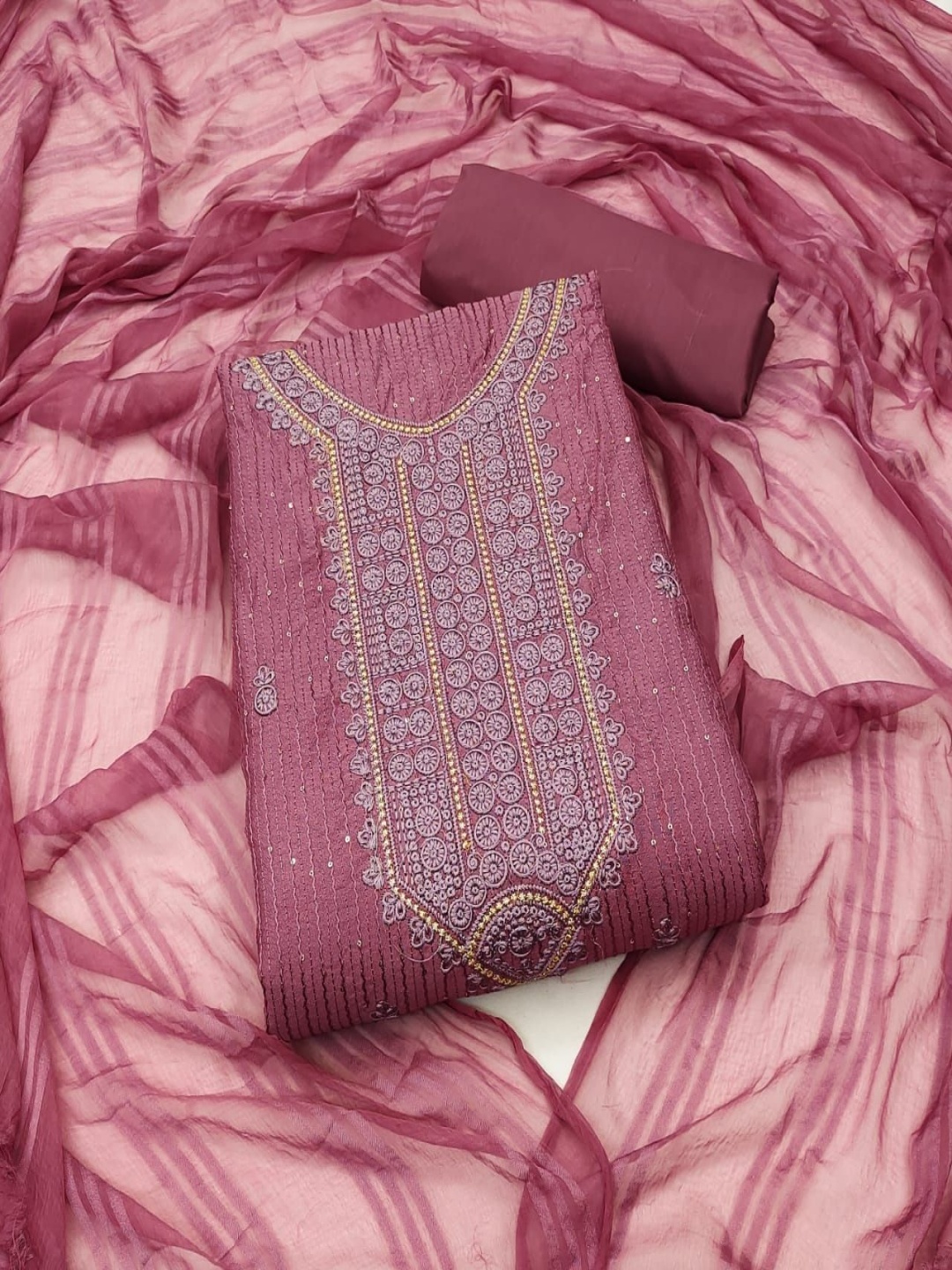 

A TO Z CART Geometric Embroidered Sequinned Unstitched Dress Material, Pink