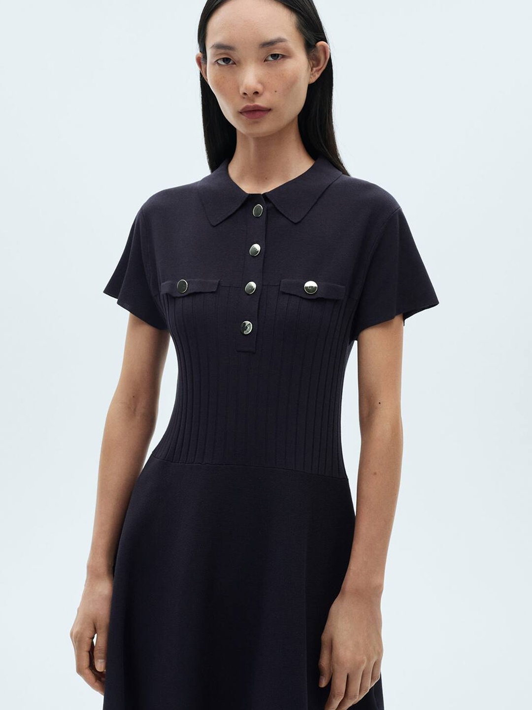 

MANGO Mock Pocket Knitted Shirt Dress, Navy blue