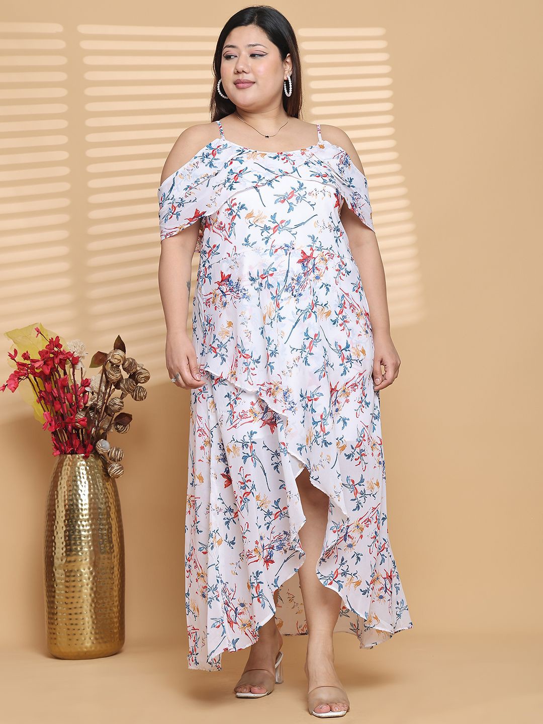 

theRebelinme Women Plus Size Printed Layered A-Line Maxi Dress, White