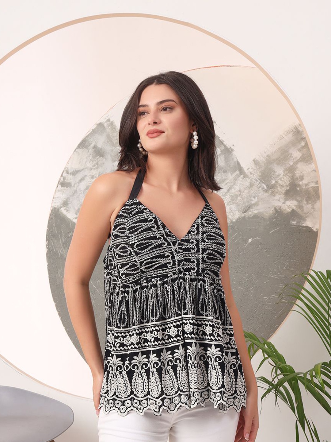 

Mitera Women Embroidered Halter Neck Cotton Empire Top, Black