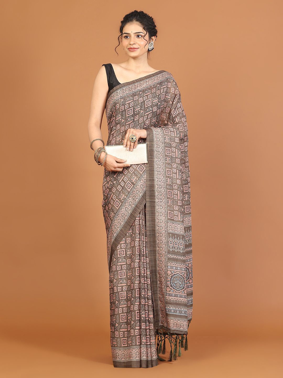 

Meena Bazaar Art Silk Tussar Saree, Brown