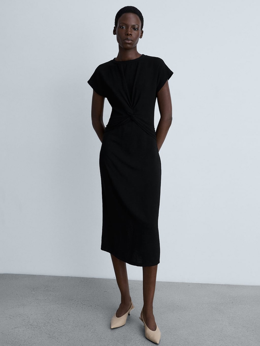 

MANGO Textured Twisted A-Line Midi Dress, Black