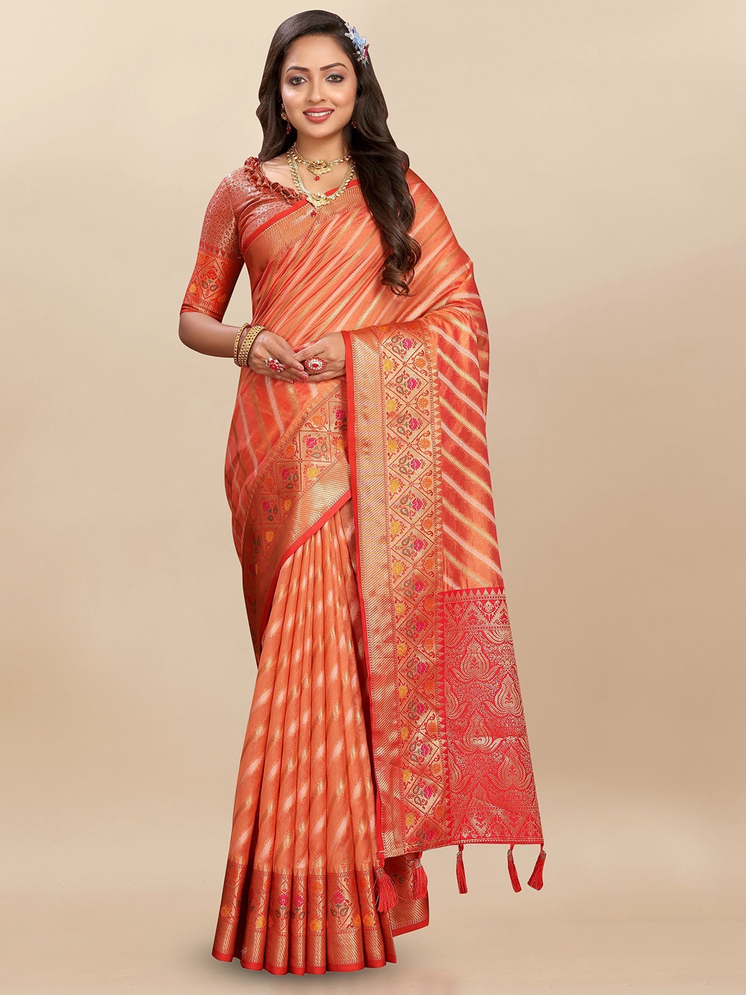 

Upalksh Striped Woven Design Zari Banarasi Saree, Orange