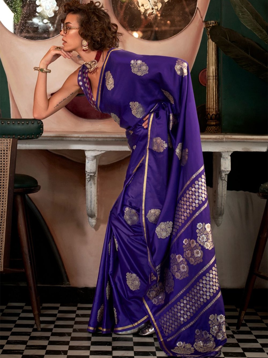 

PEENGAX Woven Design Zari Satin Saree, Blue