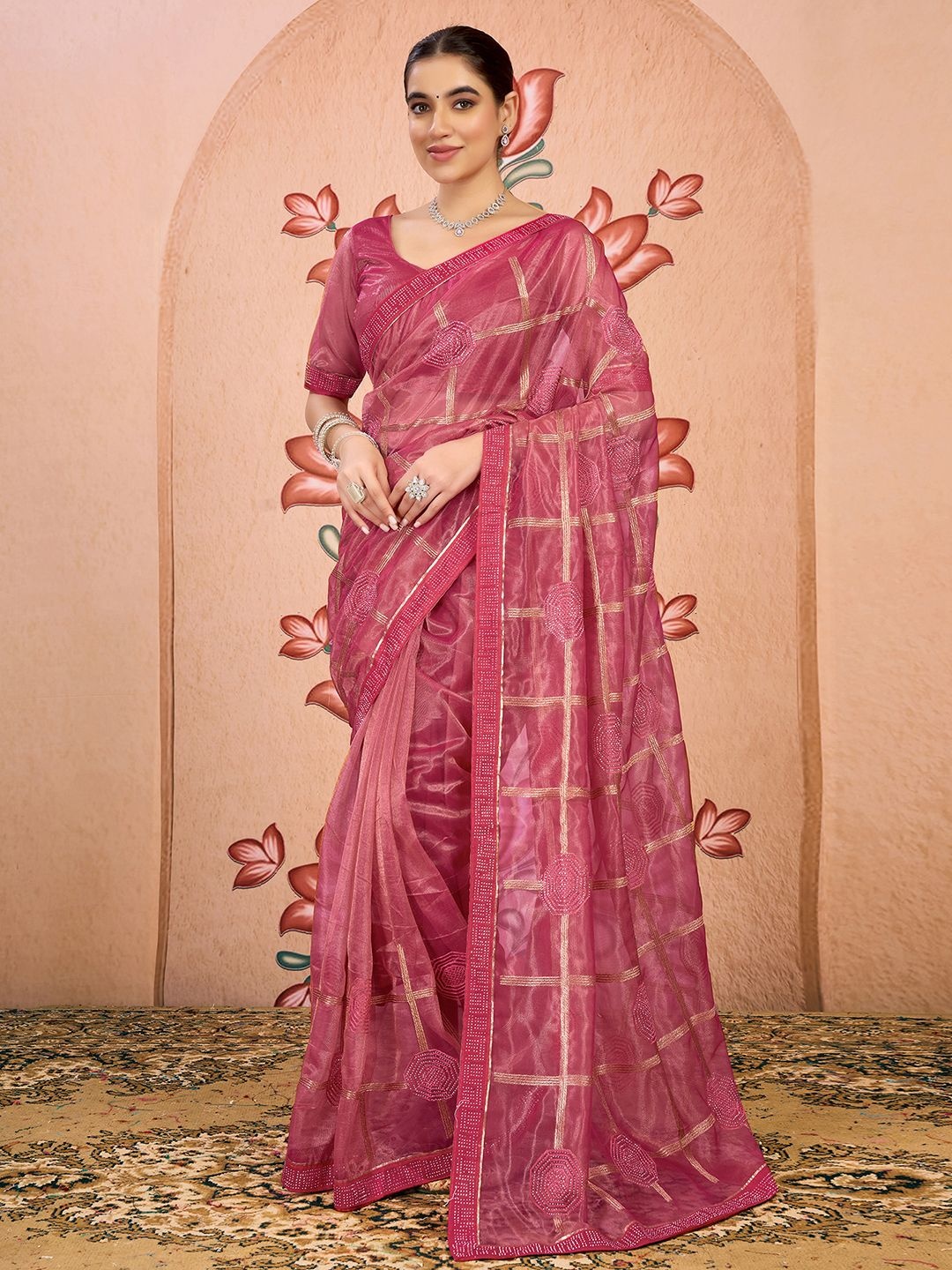 

Mitera Embellished Beads and Stones Net Saree, Pink