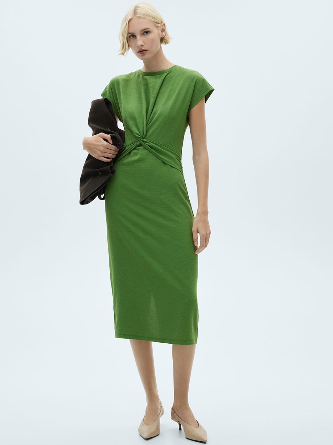 

MANGO Textured Twisted A-Line Midi Dress, Green