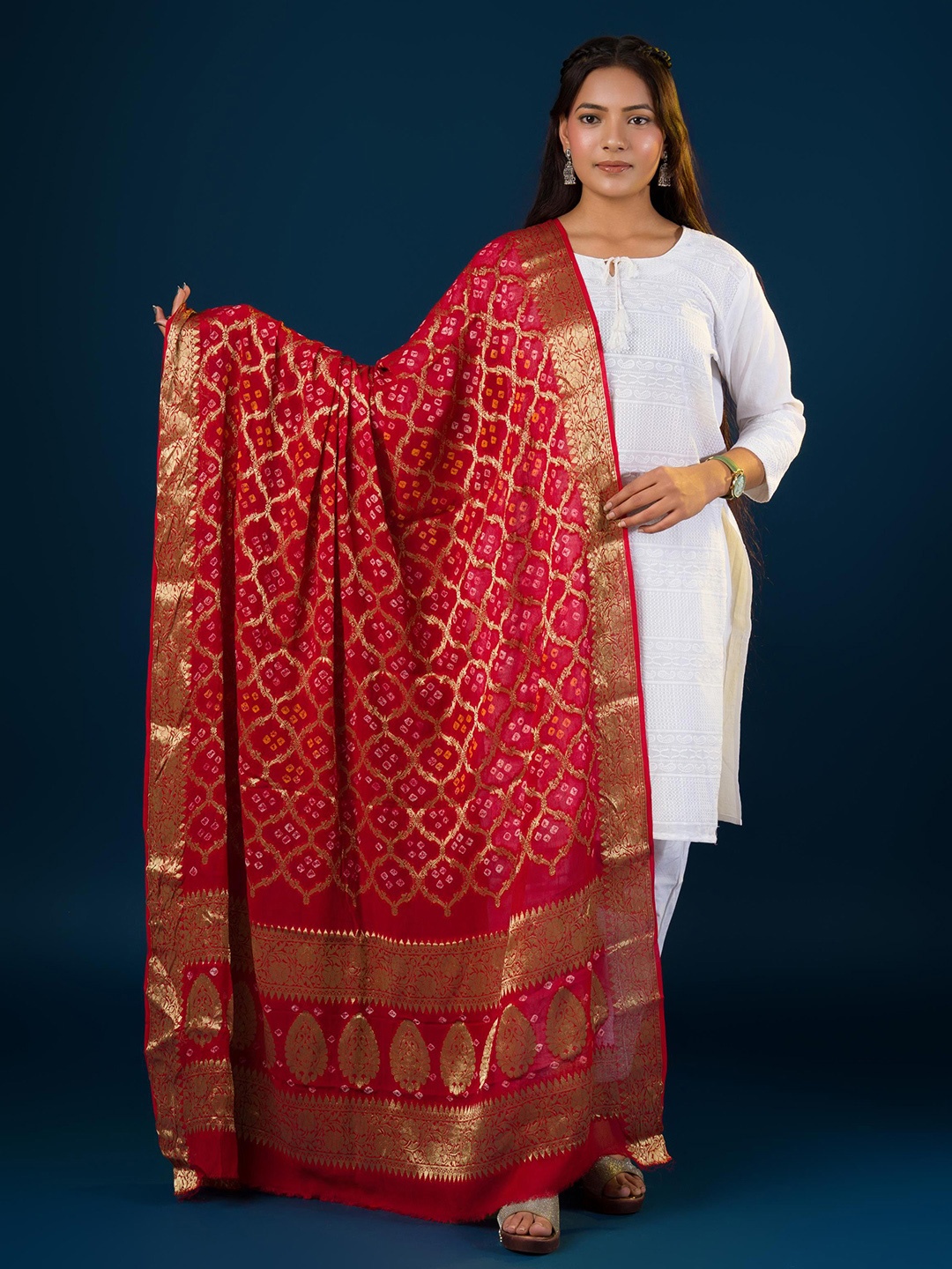 

KCPC BANDHANI Bandhani Printed Zari Work Georgette Dupatta, Red