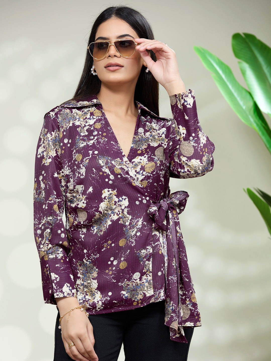 

FREYAA Floral Satin Printed Wrap Top, Purple