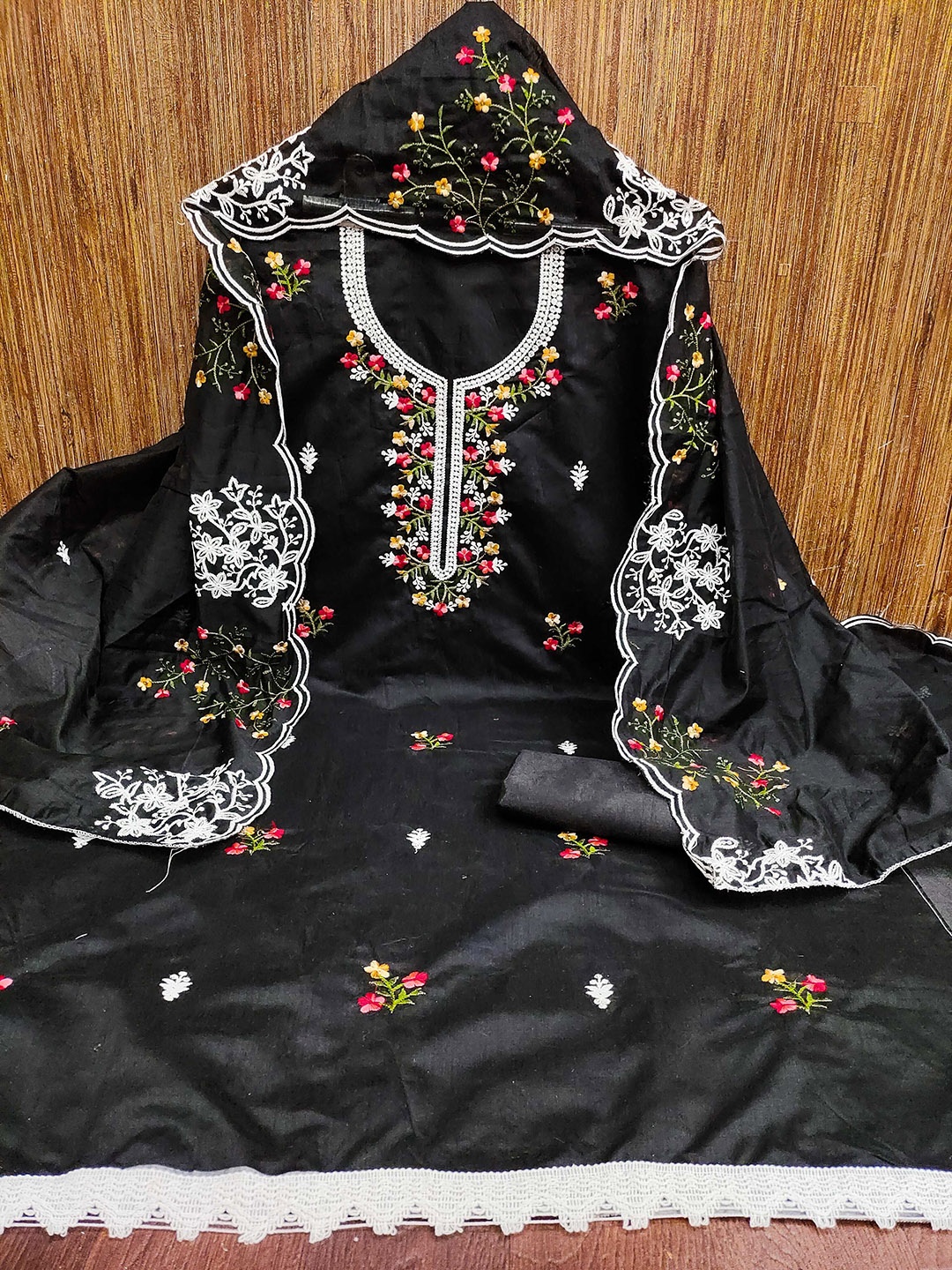 

KALINI Floral Embroidered Chanderi Cotton Unstitched Dress Material, Black