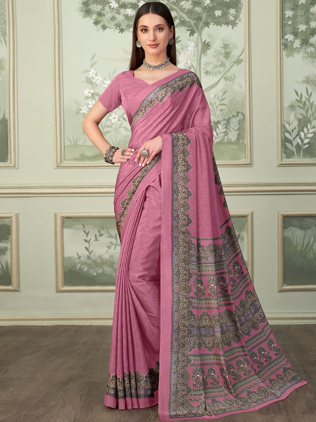 

Mitera Ethnic Motifs Printed Pure Crepe Saree, Pink