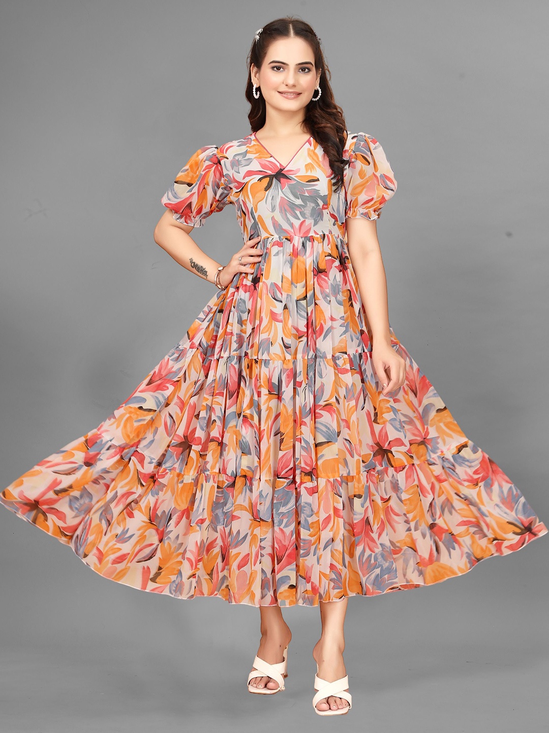 

Eightone Floral Printed Puff Sleeve Tiered Maxi Dress, Peach
