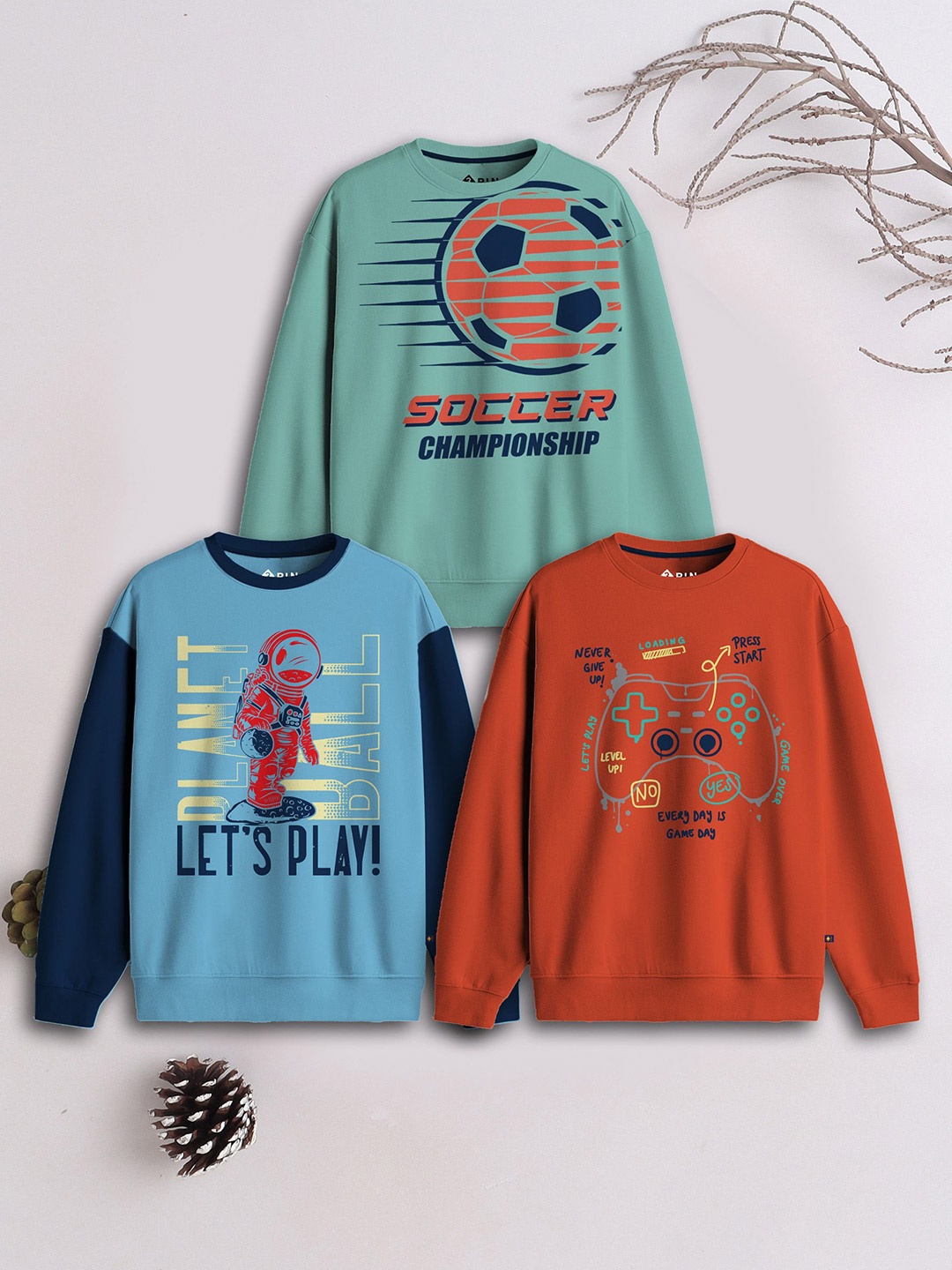 

3PIN Boys Pack Of 3 Printed Round Neck Sweatshirt, Green