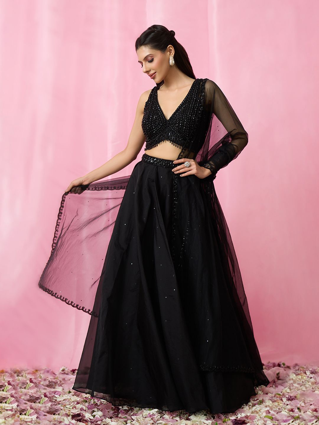 

Alaya Advani Embellished Sequinned Organza Ready to Wear Lehenga & Blouse With Dupatta, Black