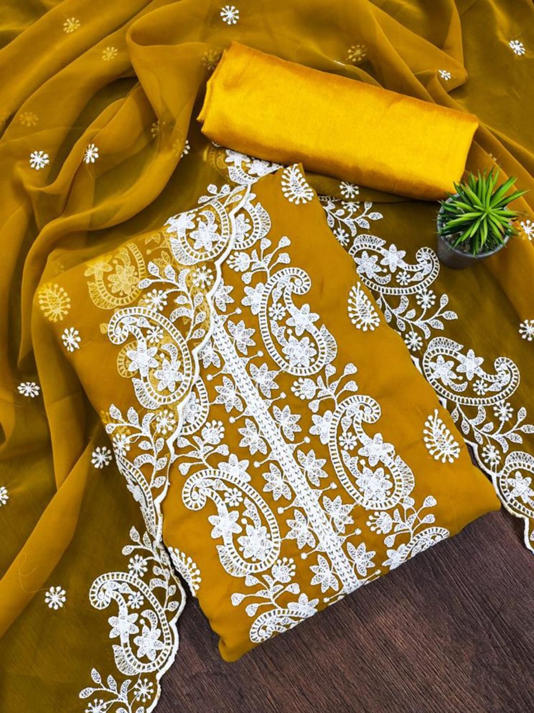 

A TO Z CART Embroidered Silk Georgette Unstitched Dress Material, Mustard