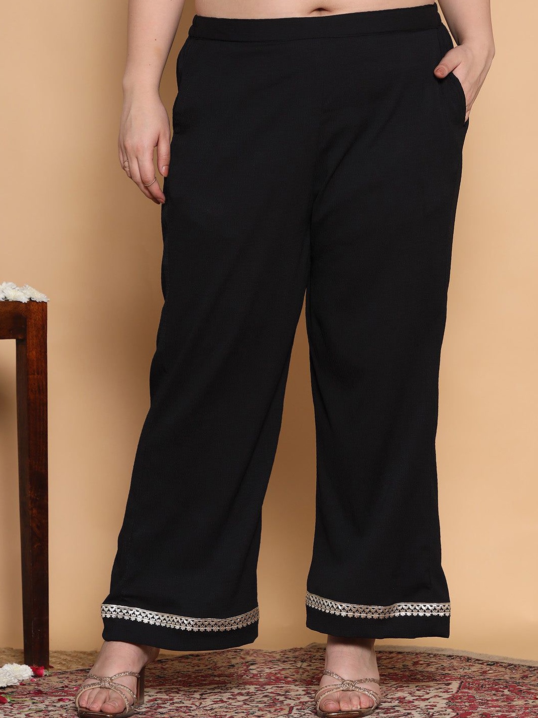 

LetsDressUp Women Black Textured Palazzo - Embellished