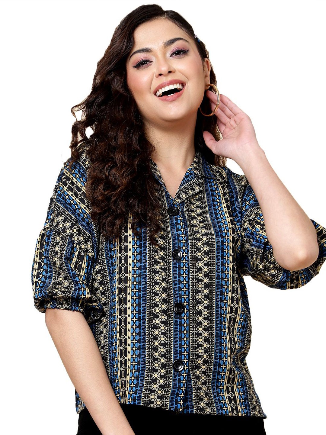 

FASHVERSE Women Printed Crop Shirt Style Top, Blue
