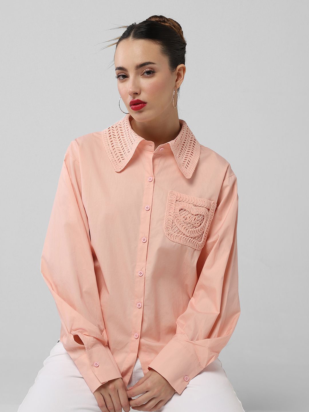 

SHOWOFF Women Comfort Oversized Fit Spread Collar Solid Cotton Casual Shirt, Peach