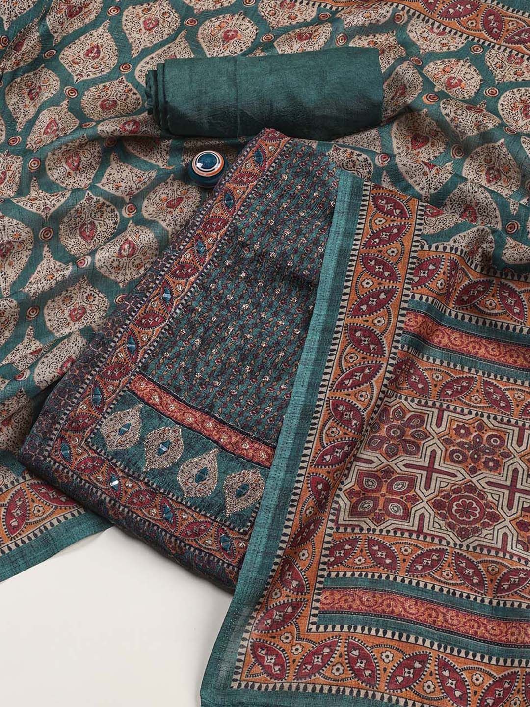 

Meena Bazaar Printed Art Silk Unstitched Dress Material, Sea green