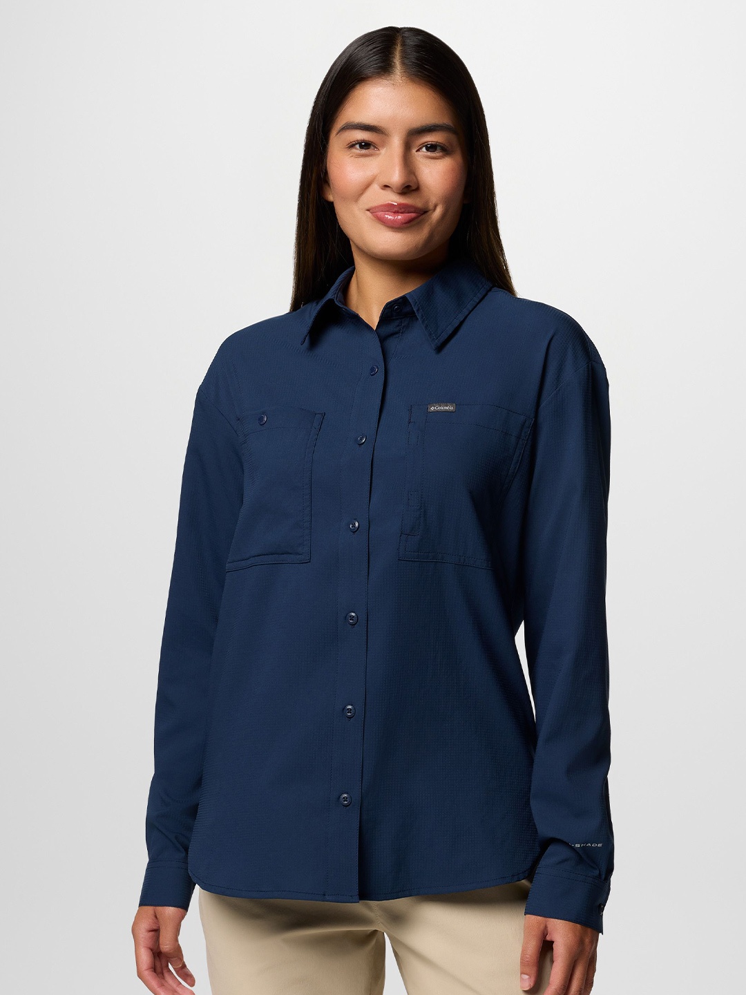 

Columbia Women Classic Oversized Fit Spread Collar Solid Casual Shirt, Navy blue