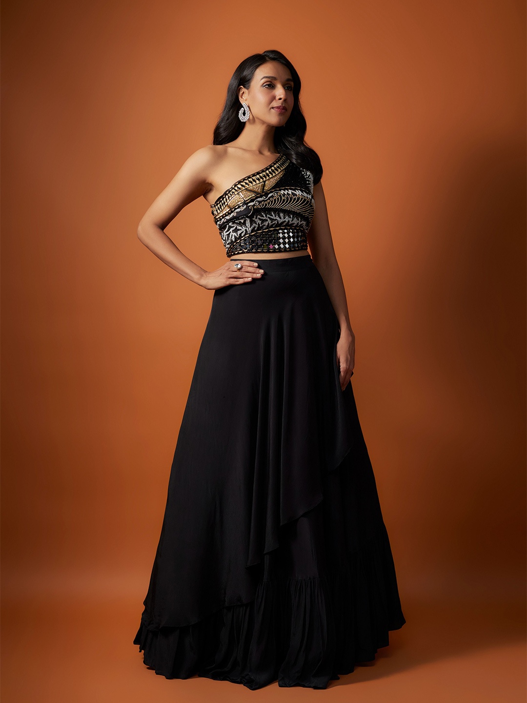 

Mehak Murpana Embroidered Mirror Work One Shoulder Ready to Wear Lehenga & Blouse, Black