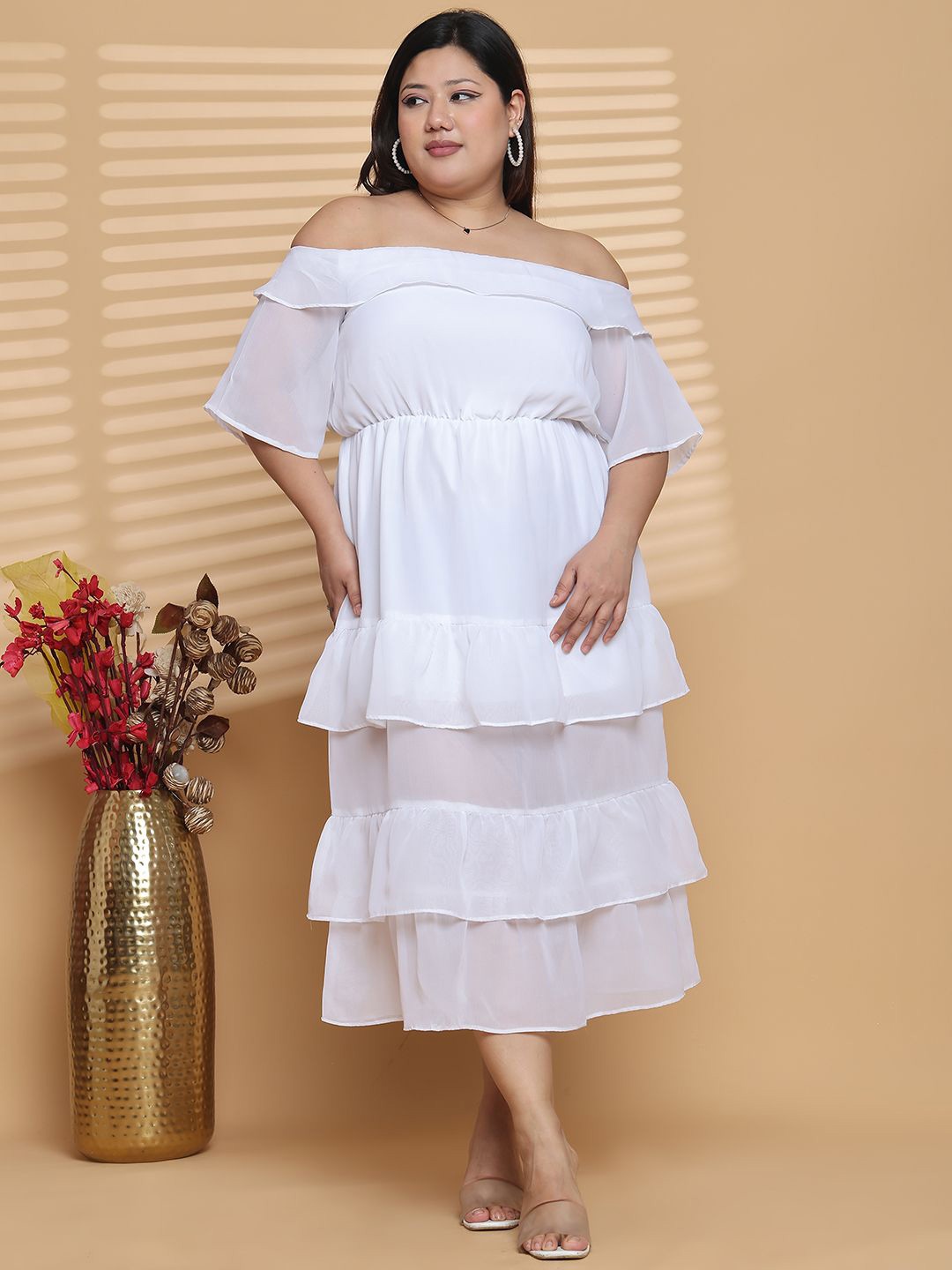 

theRebelinme Women Off-Shoulder Plus Size Layered Fit and Flare Midi Dress, White