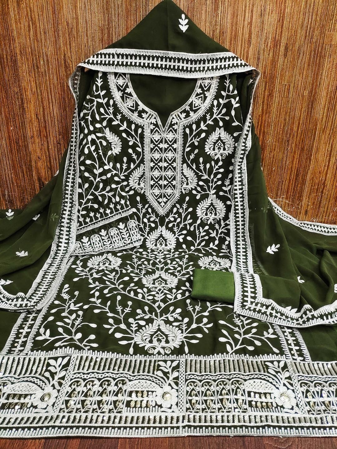 

KALINI Ethnic Motifs Embroidered Sequinned Silk Georgette Unstitched Dress Material, Olive