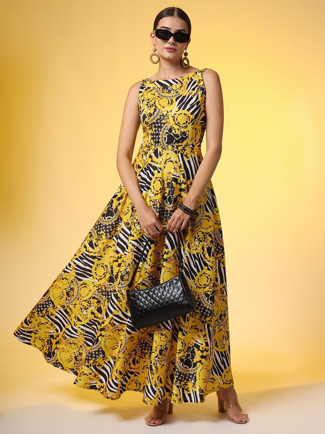 

SUFIZA LIFESTYLE Women Printed Sleeveless Fit and Flare Maxi Dress, Yellow