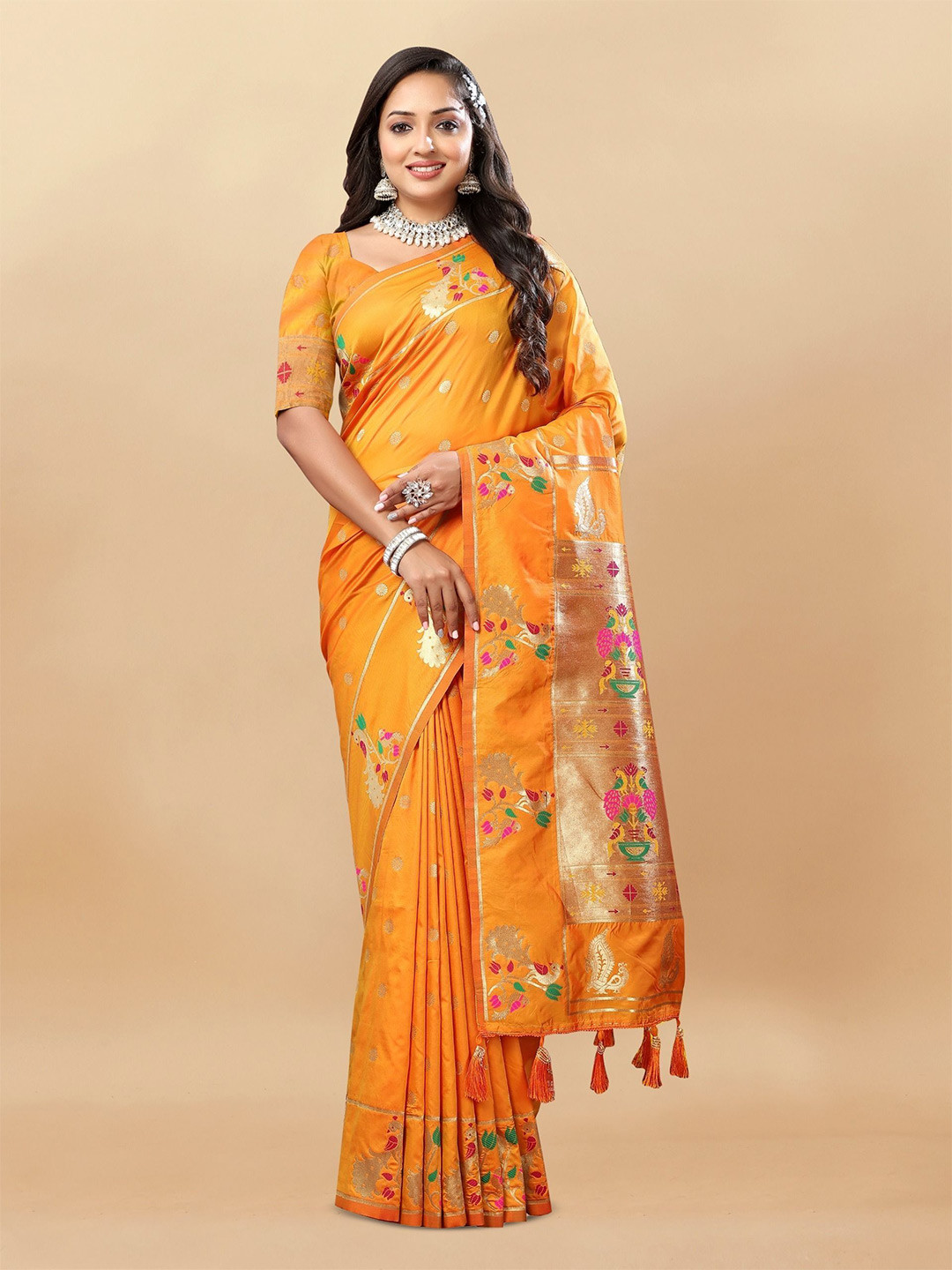 

Upalksh Ethnic Motifs Zari Pure Cotton Paithani Saree, Orange