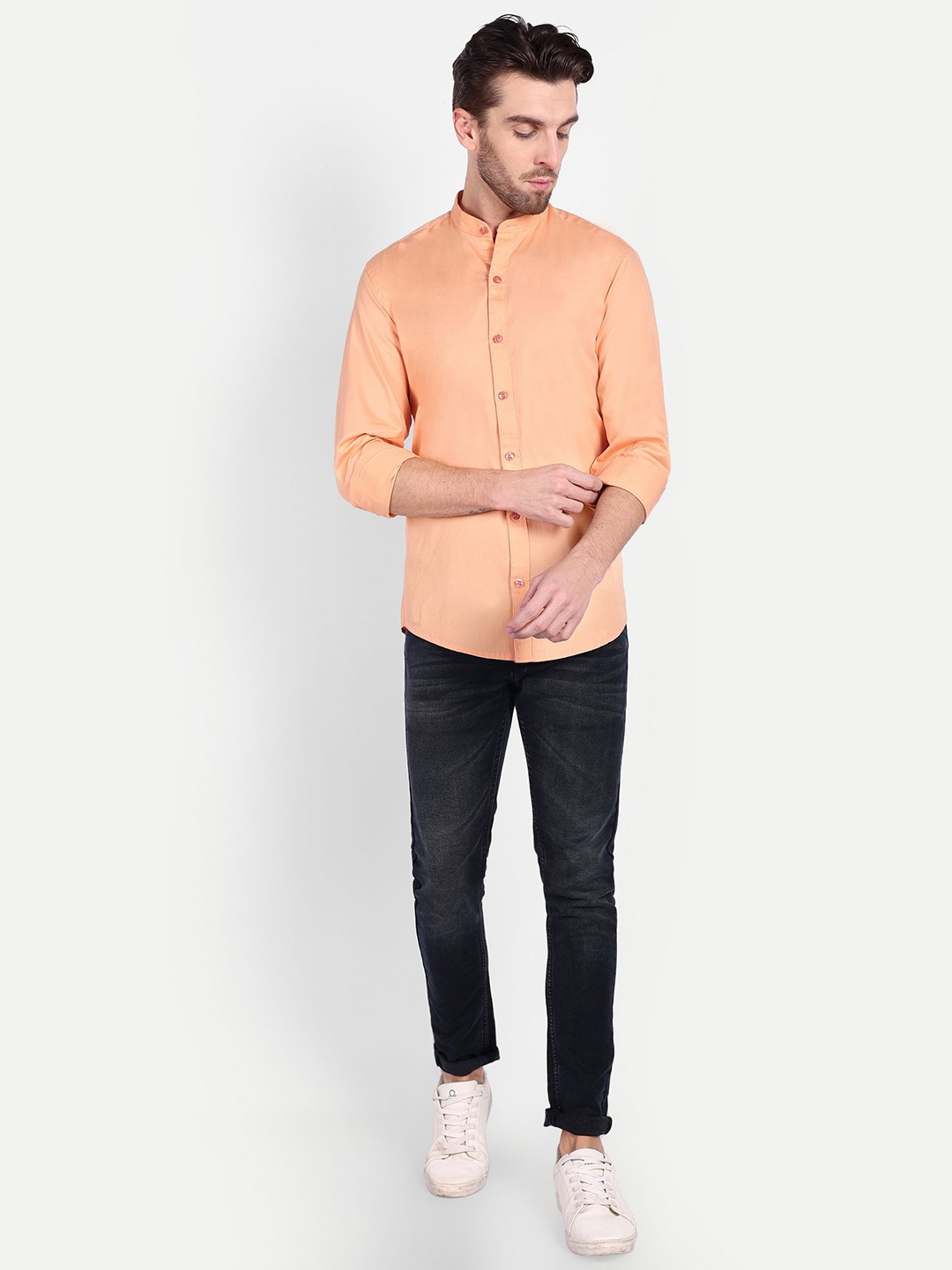 

Mast & Harbour Men India Slim Fit Band Collar Solid Cotton Casual Shirt, Orange