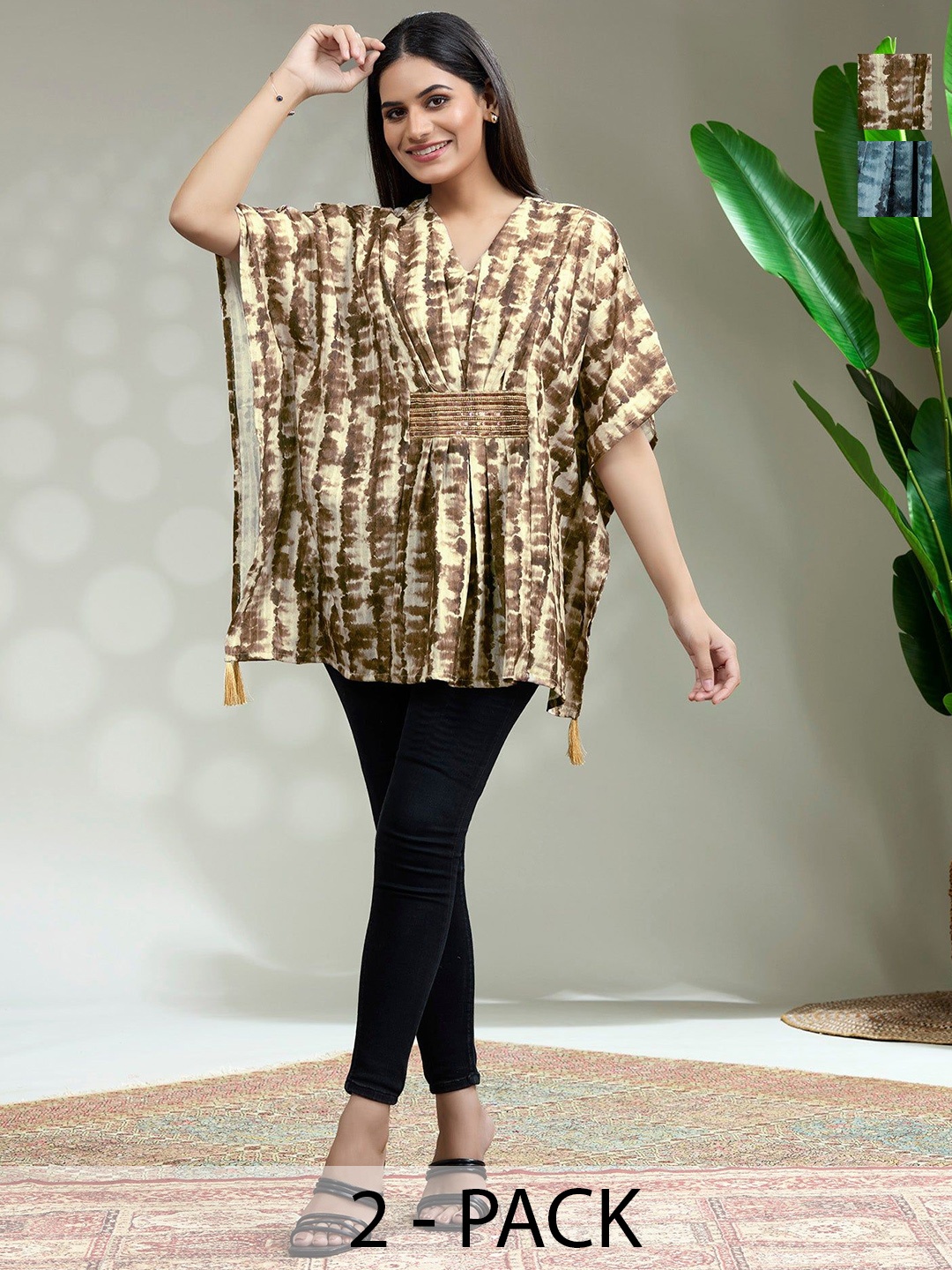 

FREYAA Women Pack Of 2 Tie and Dye Printed Kimono Sleeve Kaftan Longline Top, Brown