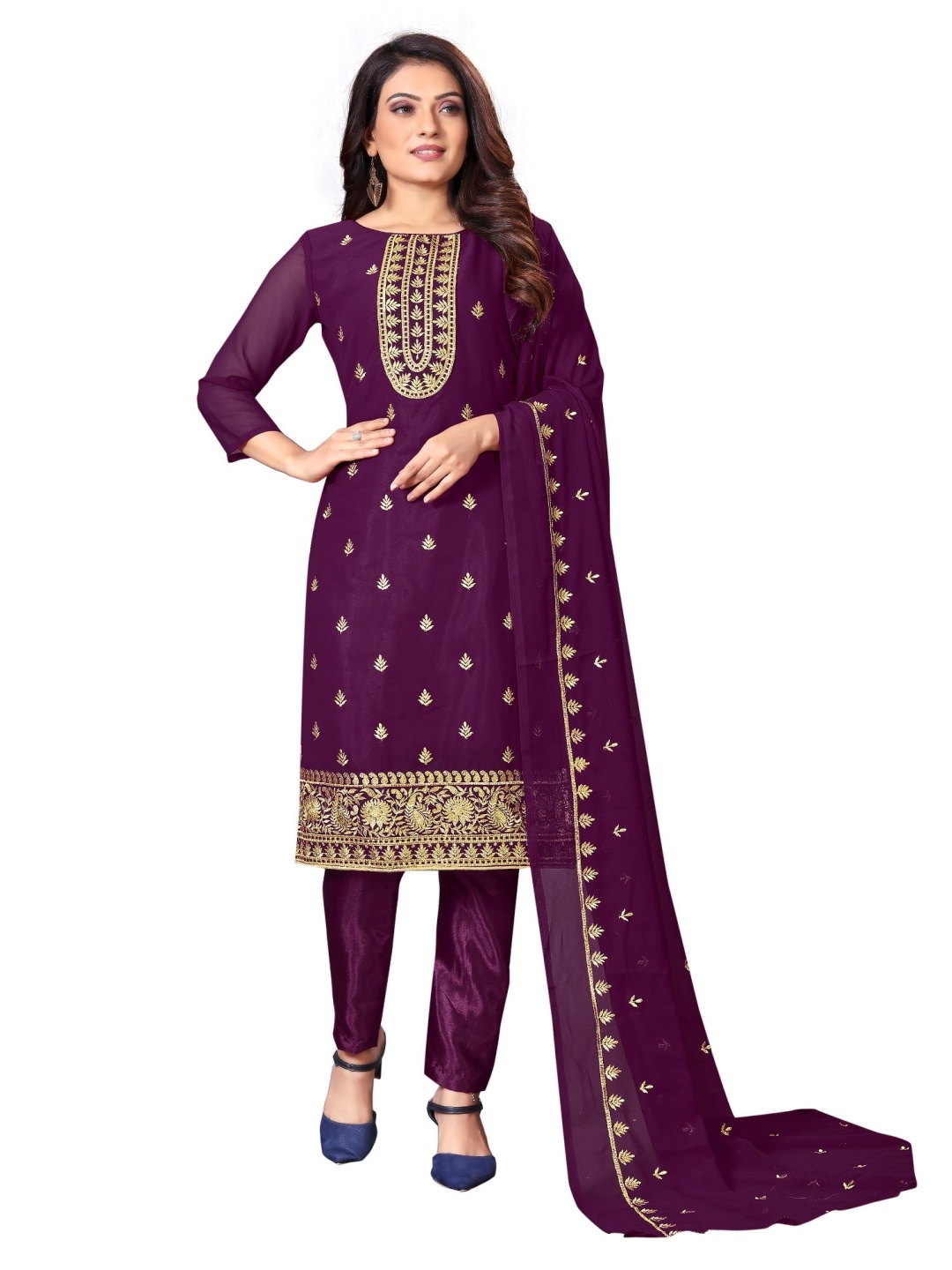 

A TO Z CART Floral Embroidered Zari Georgette Unstitched Dress Material, Burgundy