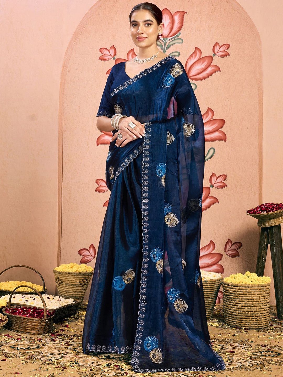 

Mitera Embellished Beads and Stones Pure Chiffon Saree, Navy blue