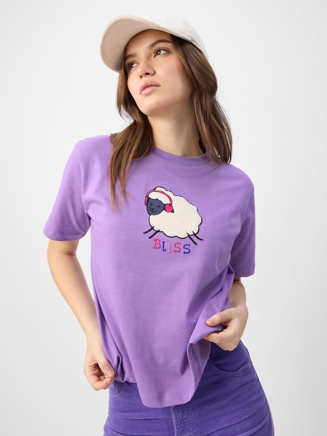 

The Souled Store Women Graphic Printed Round Neck Cotton Relaxed Fit T-shirt, Purple