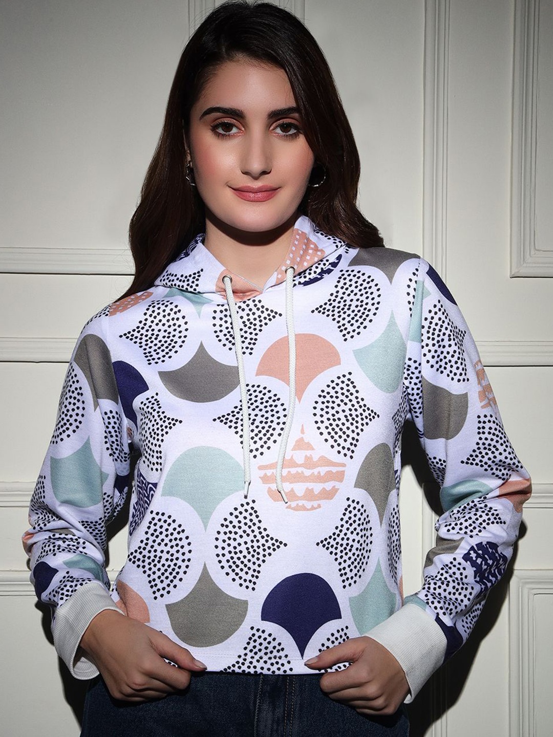 

TANDUL Women Printed Hooded Pullover Sweatshirt, White