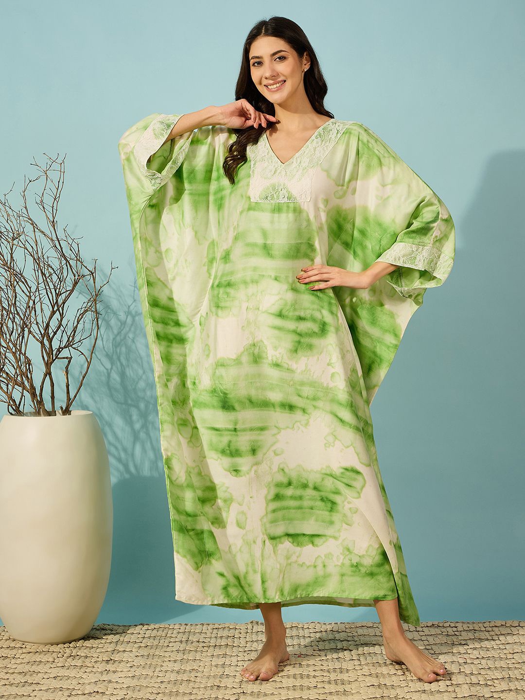 

The Kaftan Company Women Tie and Dye Printed Pure Cotton Maxi Nightdress, Green