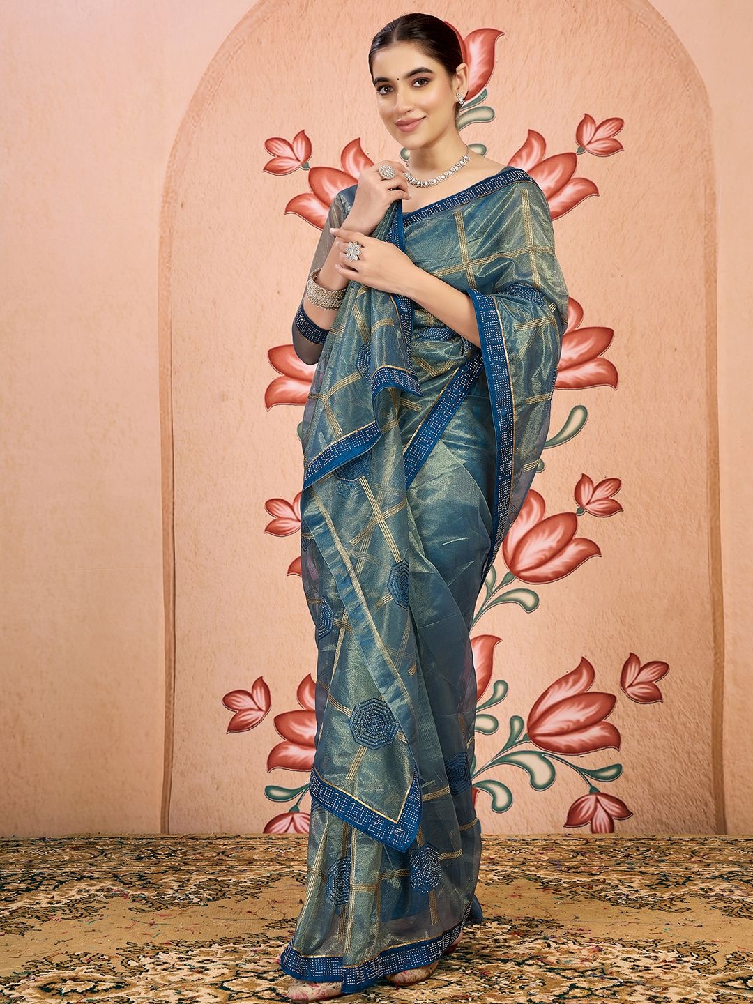 

Mitera Women Embellished Net Beads and Stones Saree, Teal