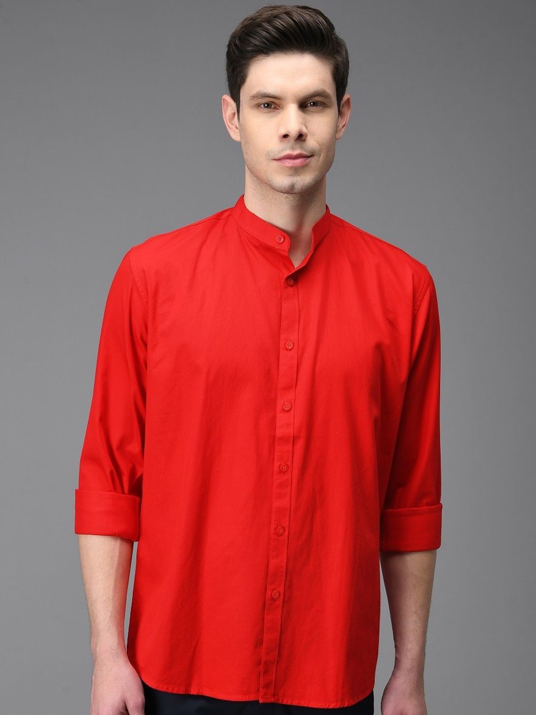 

Mast & Harbour Men India Slim Fit Band Collar Solid Cotton Casual Shirt, Red