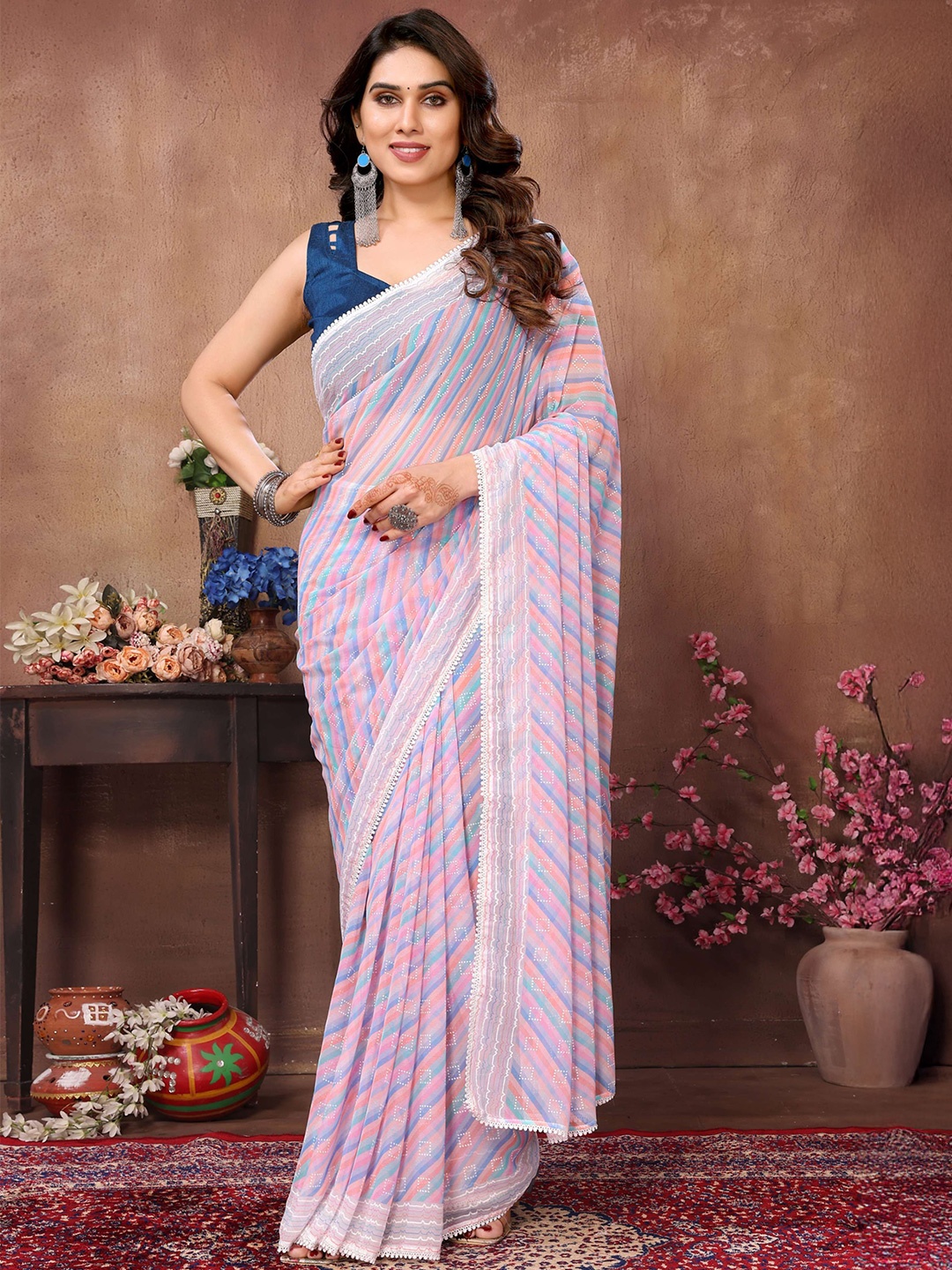 

Upalksh Striped Embroidered Kota Saree, Pink
