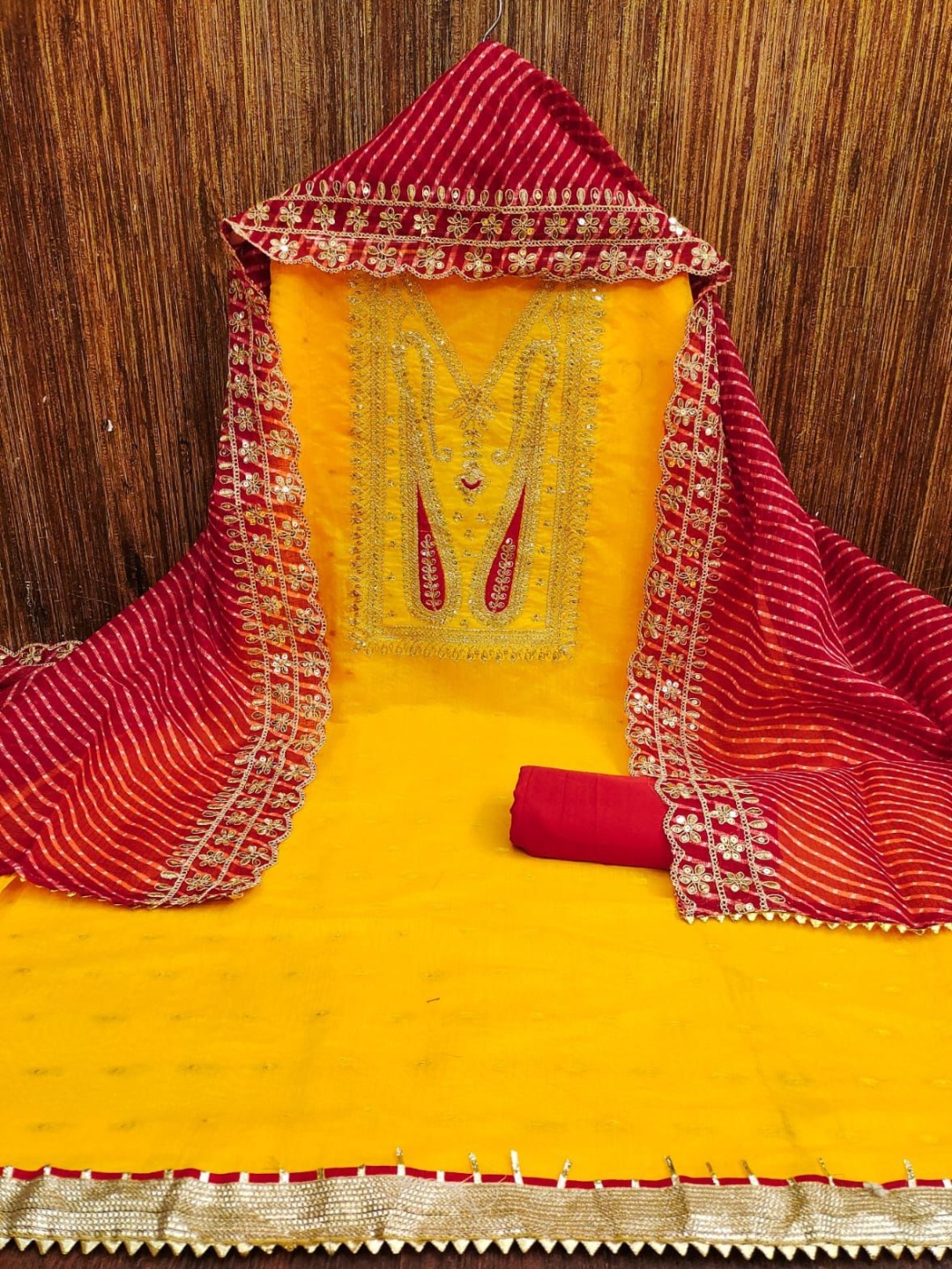 

KALINI Ethnic Motifs Woven Design Thread Work Chanderi Silk Unstitched Dress Material, Yellow