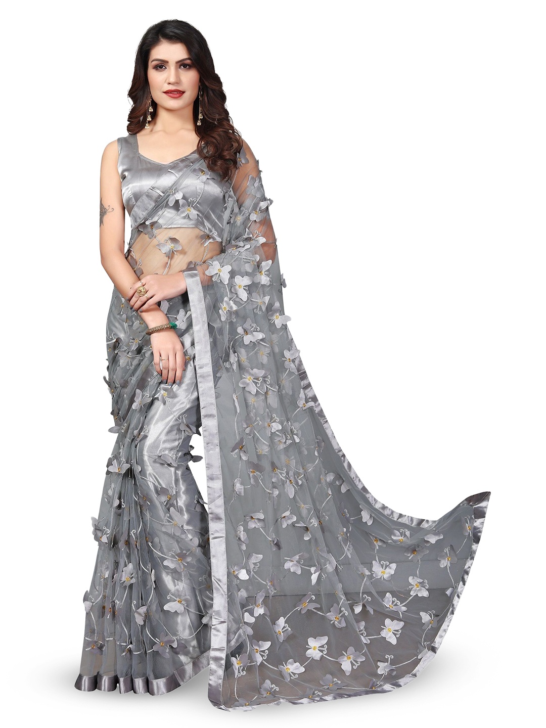 

A TO Z CART Embellished Net Saree, Grey