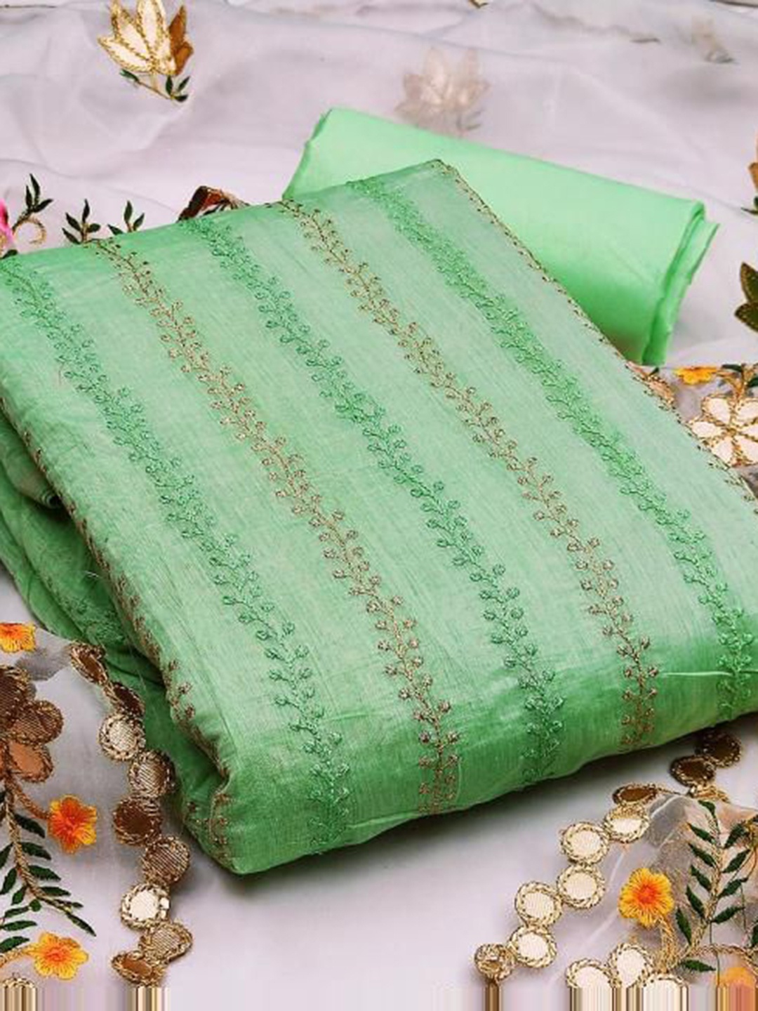 

KALINI Floral Embroidered Thread Work Pure Silk Unstitched Dress Material, Green