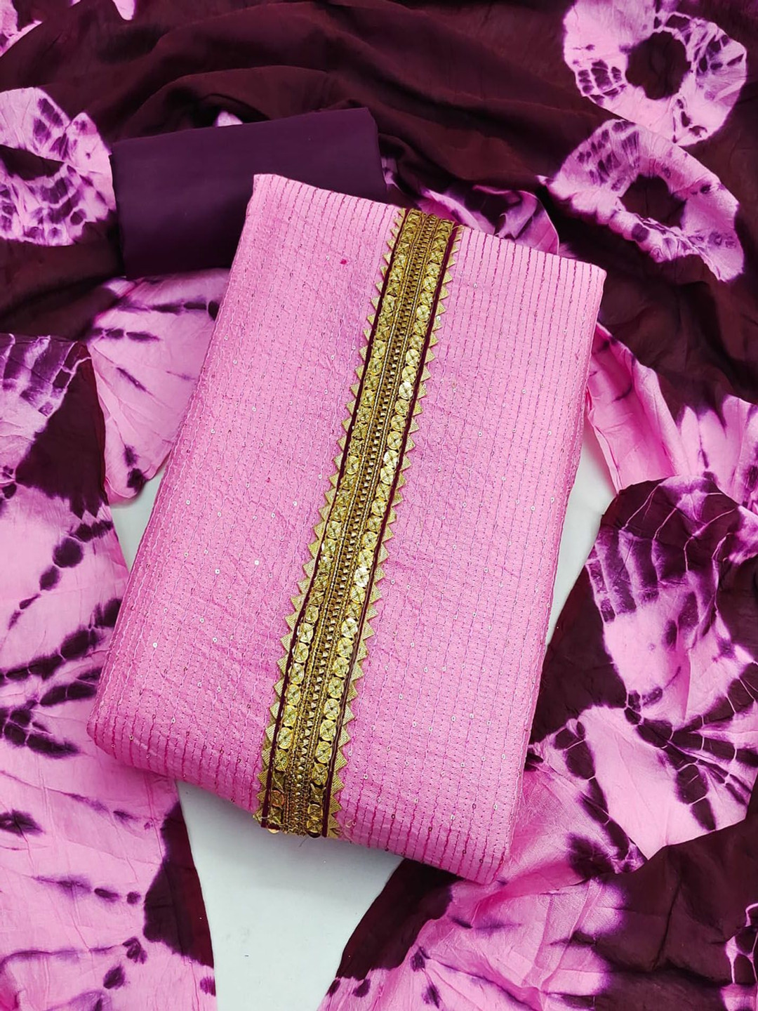 

A TO Z CART Striped Embroidered Sequinned Unstitched Dress Material, Pink