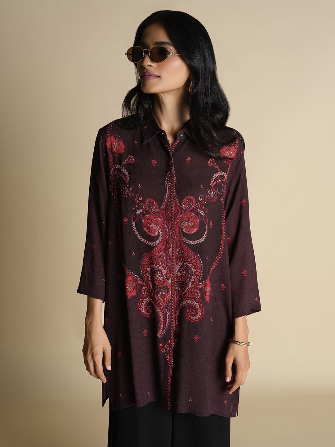 

Global Desi Women Shirt Collar Ethnic Print Tunic, Purple