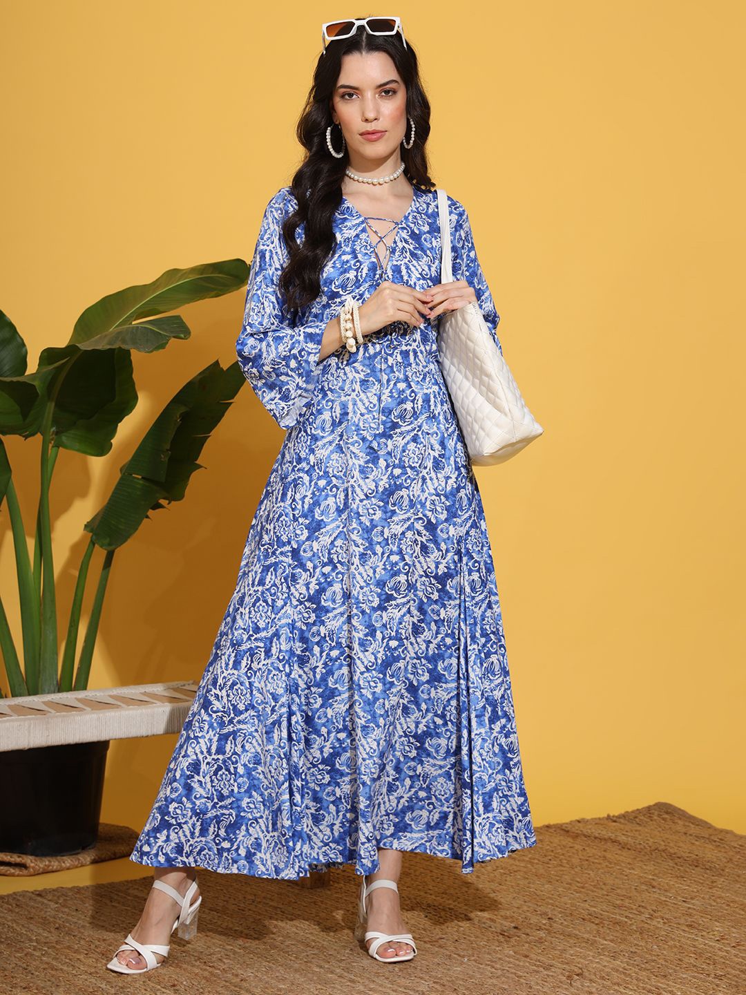 

SUFIZA LIFESTYLE Floral Print Flared Sleeve Maxi Dress, Blue