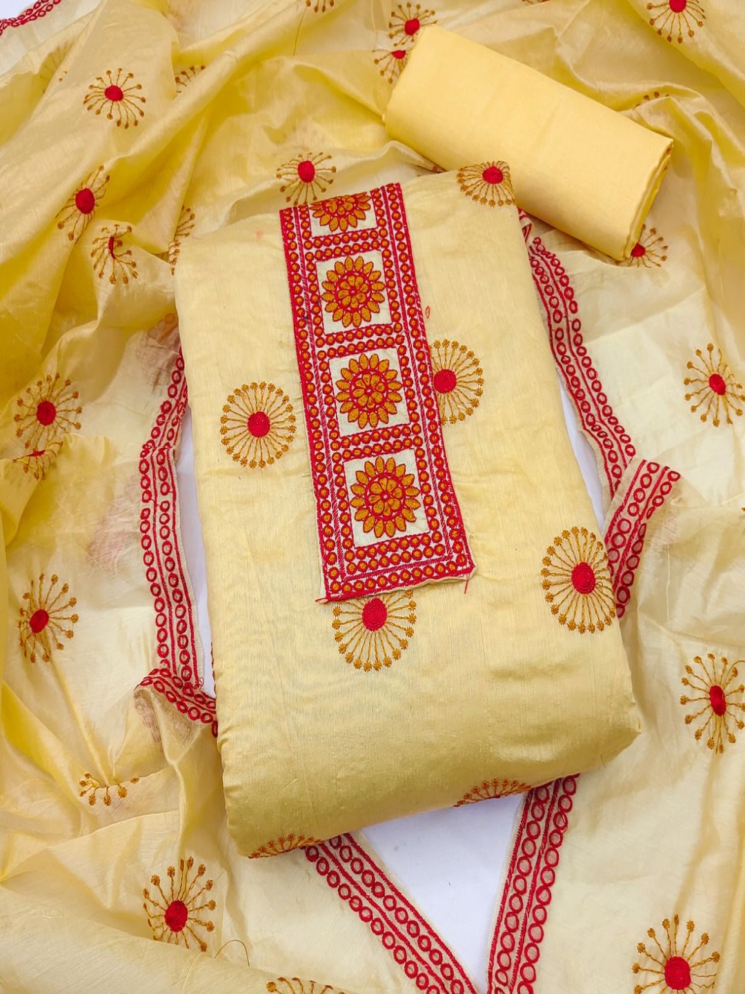 

A TO Z CART Floral Embroidered Unstitched Dress Material, Yellow