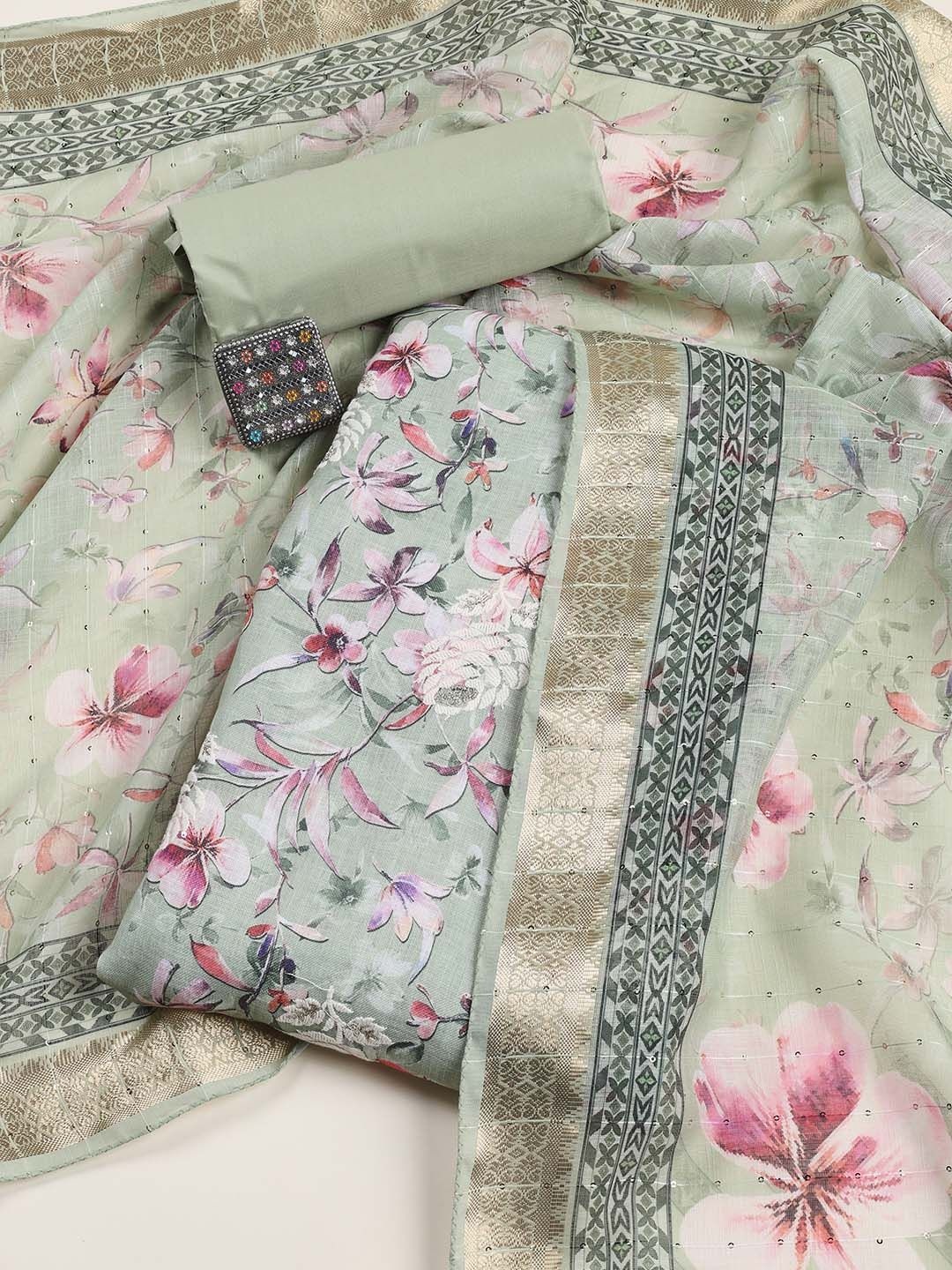 

Meena Bazaar Printed Linen Unstitched Dress Material, Green