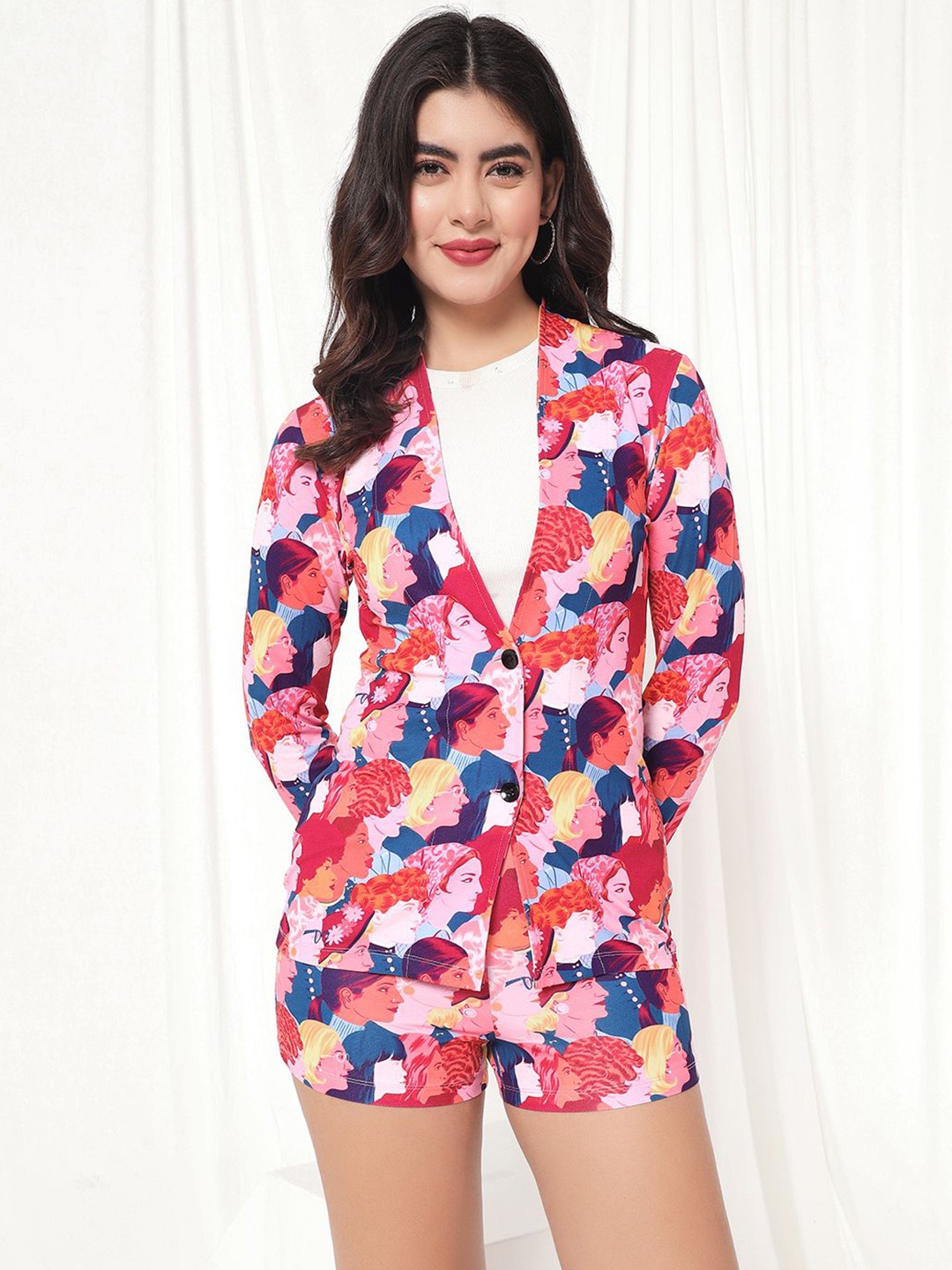 

BAESD Printed Shawl Collar Blazer With Shorts, Pink