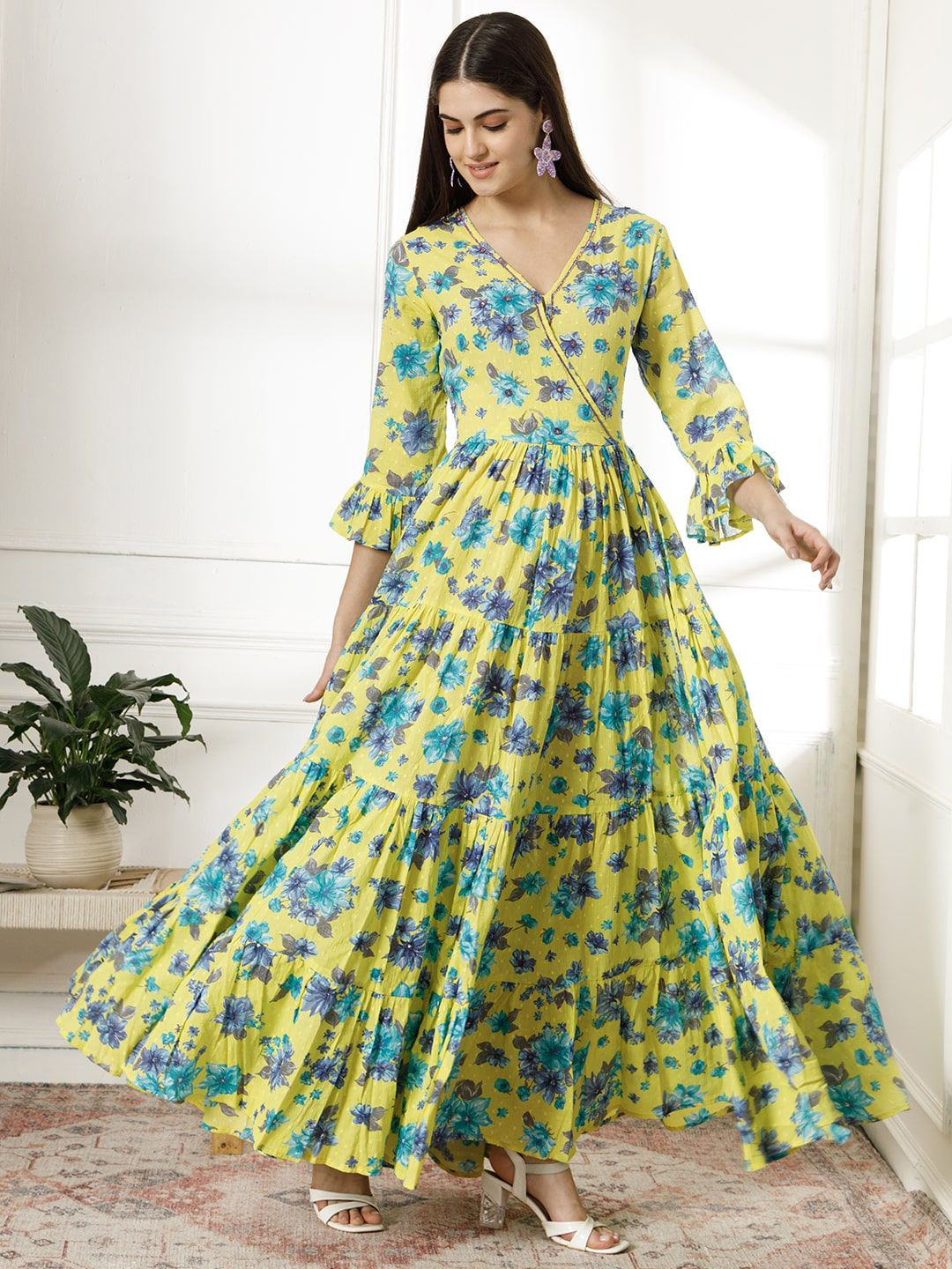 

SUFIZA LIFESTYLE Women Floral Printed Tiered Cotton Fit And Flare Maxi Dress, Yellow