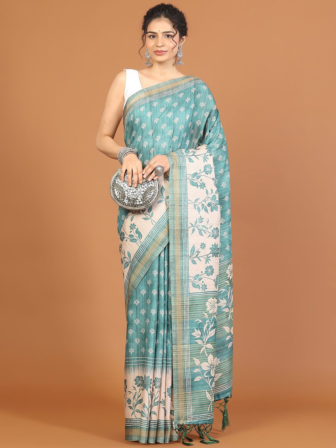 

Meena Bazaar Floral Art Silk Tussar Saree, Sea green